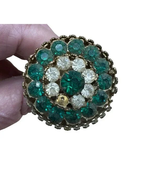 Vintage Gold-Tone Hat Pin Emerald Green & Clear Rhinestones Filigree Flower READ - Picture 1 of 10